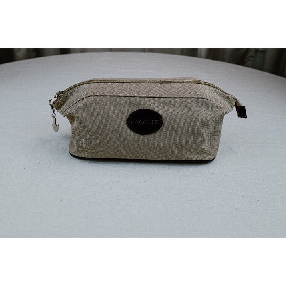 Lacoste Travel Toiletry Bag Beige Canvas Soft Case Unisex Cosmetic Wash Bag